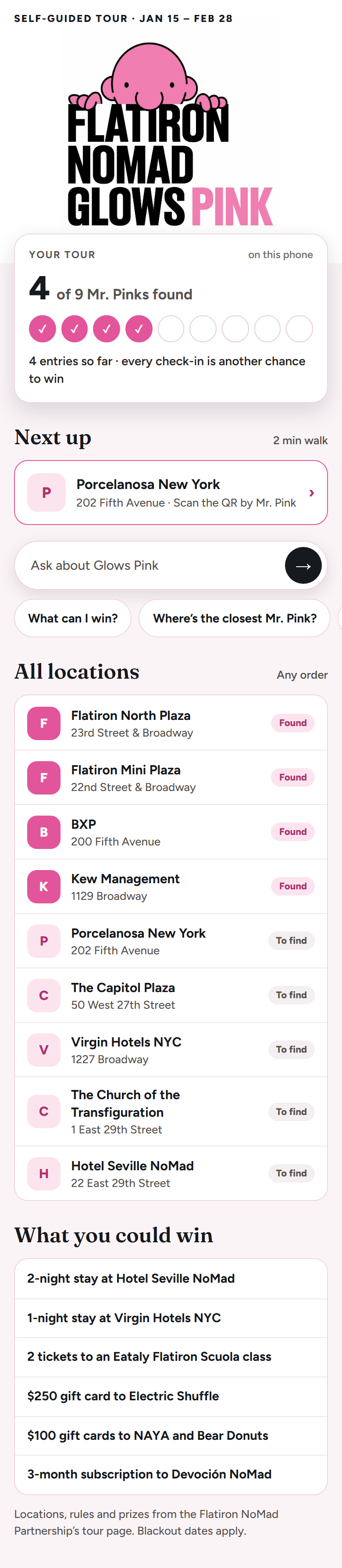 Flatiron NoMad Glows Pink on a phone: 4 of 9 Mr. Pinks found, the next location, and every stop on the tour