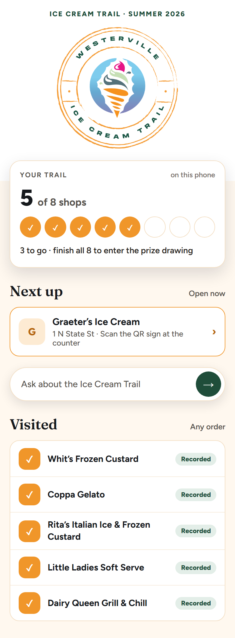 The Westerville Ice Cream Trail on a phone: 5 of 8 shops visited, the next stop, and the shops already recorded